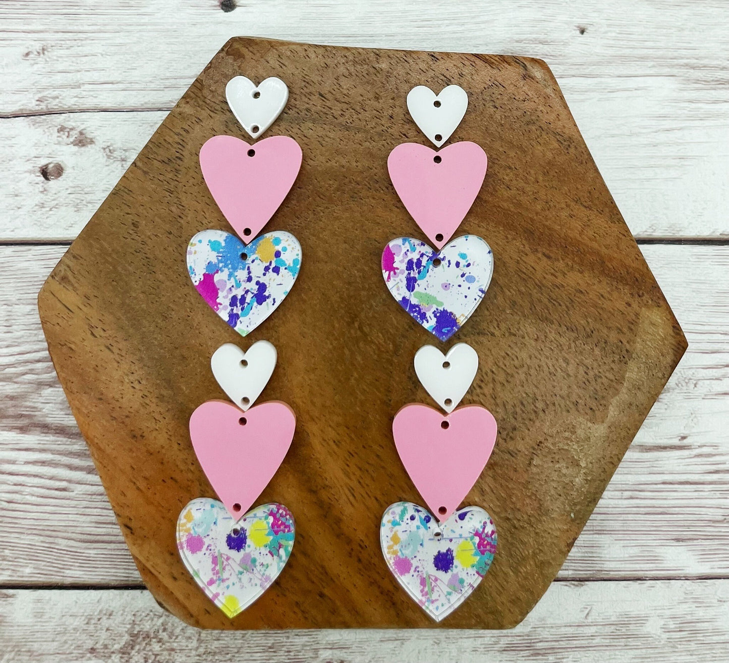 Paint Splatter Print Acrylic Triple Stacked Hearts Valentine’s Earring Blanks, DIY Jewelry Making