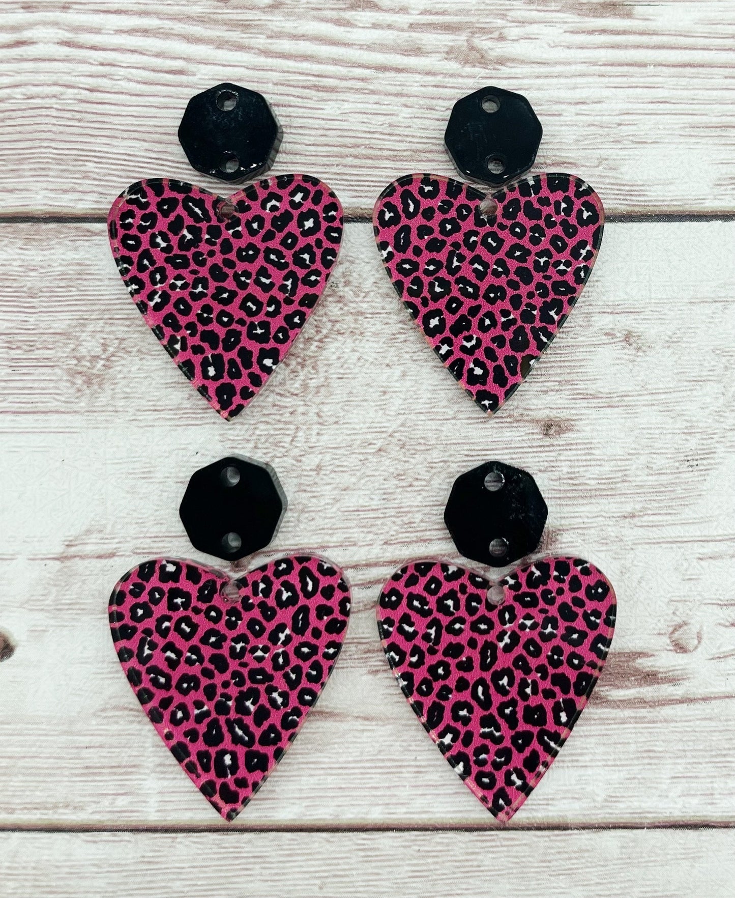 Pink Leopard Print Heart Acrylic Connector Set Valentine’s Earring Blanks, DIY Jewelry Making