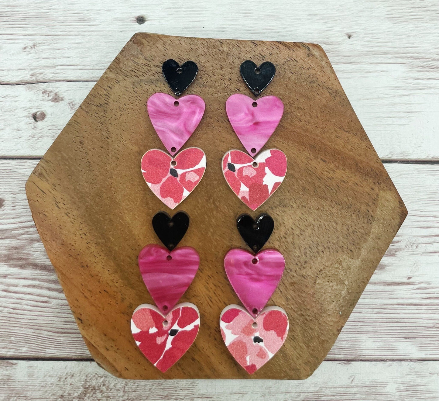 Red Pink Black Print Triple Stacked Hearts Valentine’s Earring Blanks, DIY Jewelry Making