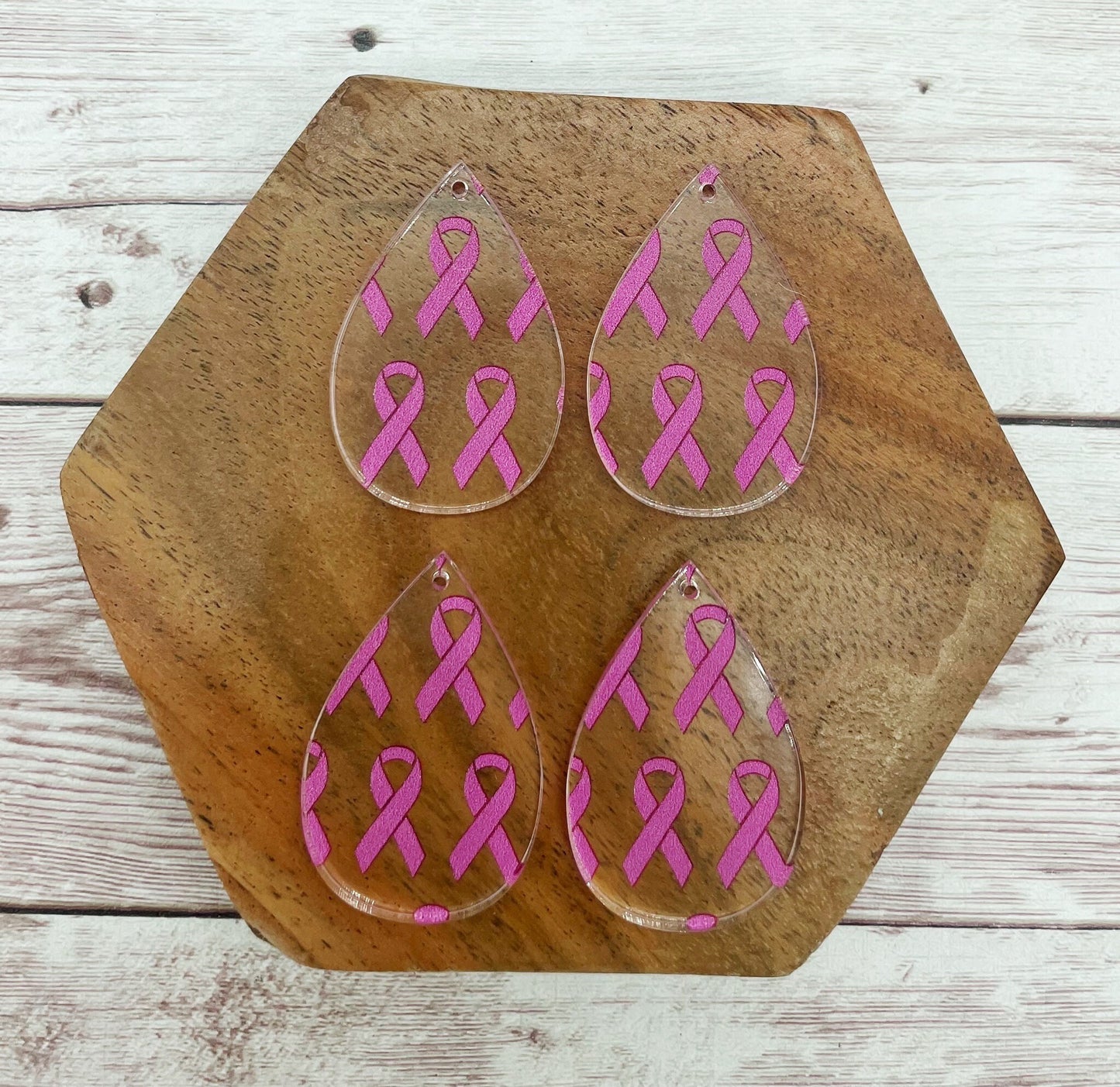 Pink Cancer Ribbon Print Acrylic Teardrop Earring Blanks, DIY Jewelry Making