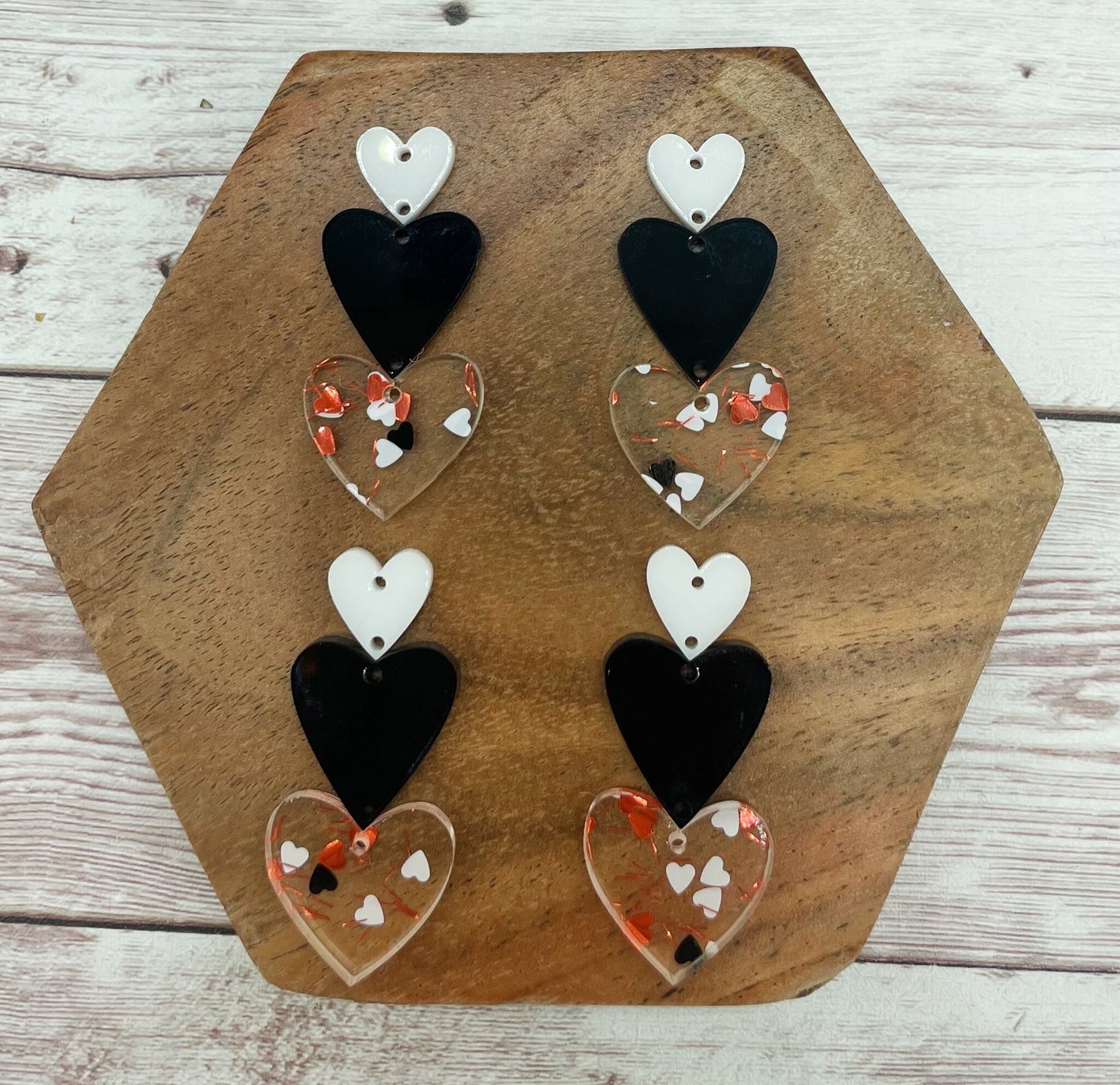 Pink White Black Clear Glitter Heart Print Triple Stacked Hearts Valentine’s Earring Blanks, DIY Jewelry Making