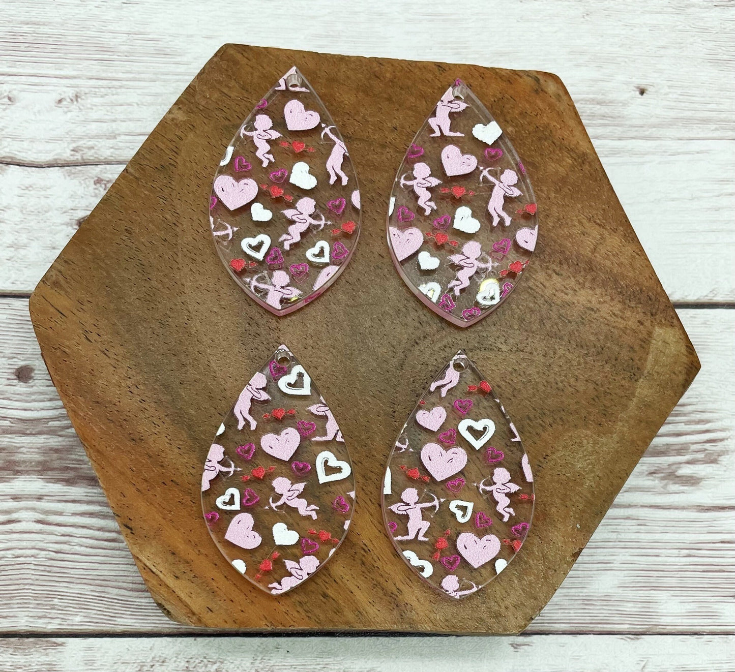 Cupid Heart Print Acrylic Teardrop Valentine’s Earring Blanks, DIY Jewelry Making