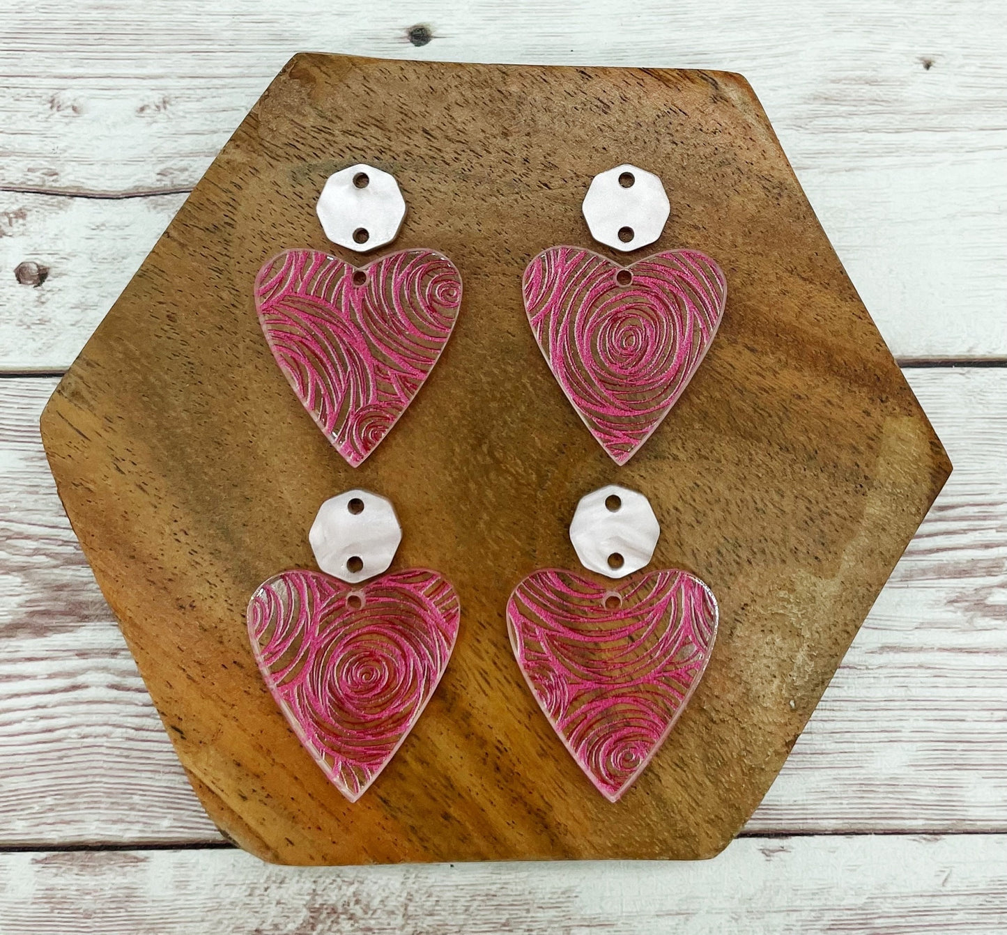 Pink Rose Print Heart Acrylic Connector Set Valentine’s Earring Blanks, DIY Jewelry Making
