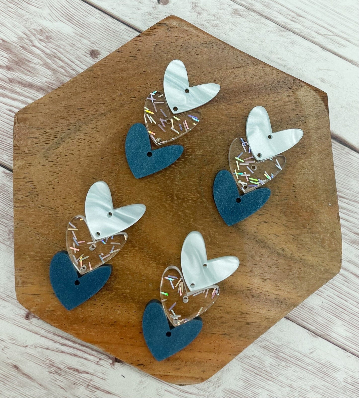 Blue Tone and Glitter Triple Stacked Hearts Valentine’s Earring Blanks, DIY Jewelry Making
