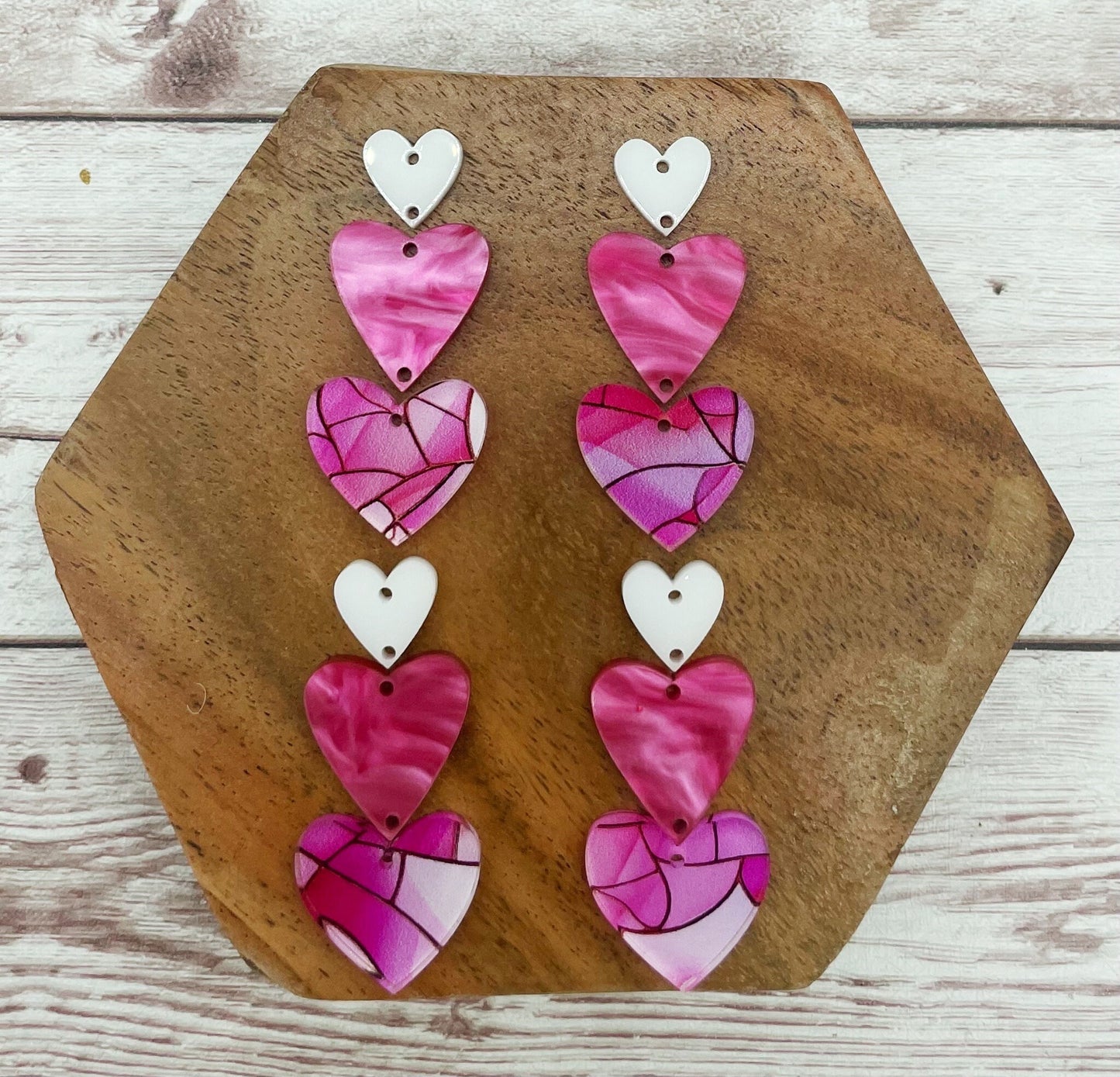 Pink Stained Glass Print Triple Stacked Hearts Valentine’s Earring Blanks, DIY Jewelry Making