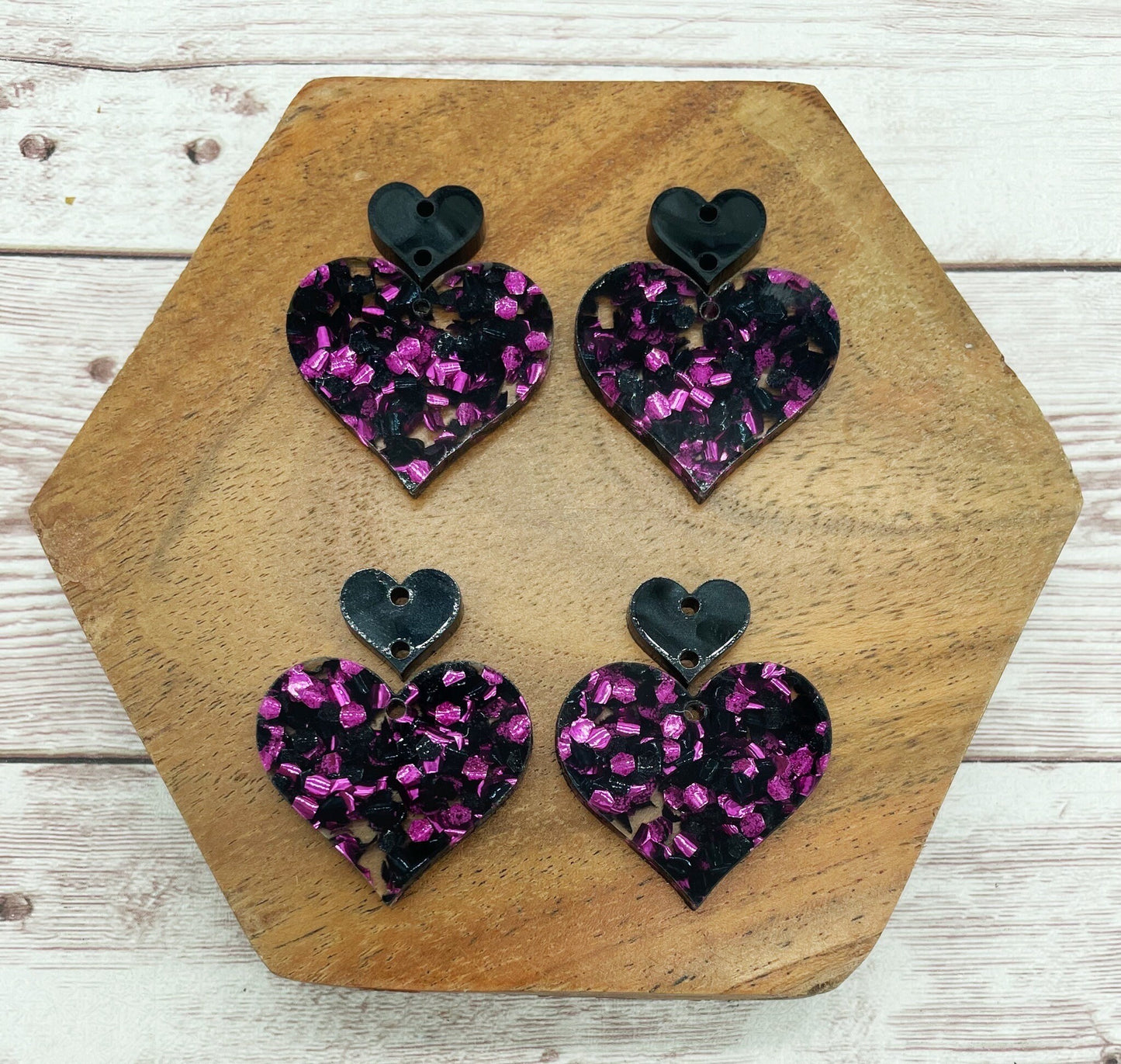 Purple Black Chunky Glittter Acrylic and Black Marble Heart Connector Valentine Earring Blanks, DIY Jewelry Making