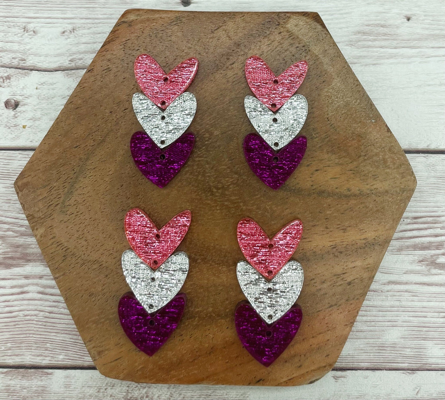 Pink Silver Purple Shimmer Linen Print Triple Stacked Hearts Valentine’s Earring Blanks, DIY Jewelry Making