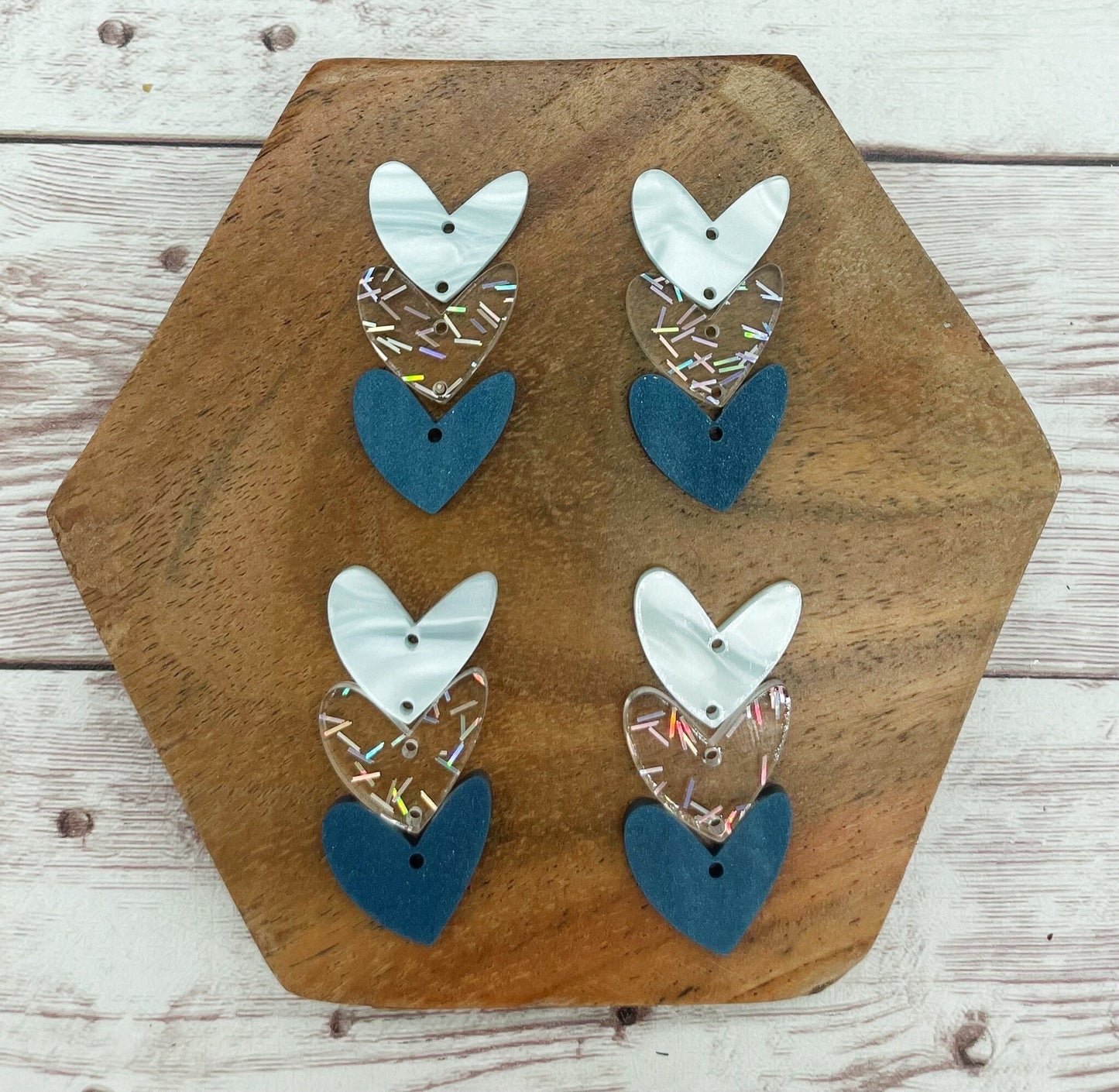 Blue Tone and Glitter Triple Stacked Hearts Valentine’s Earring Blanks, DIY Jewelry Making