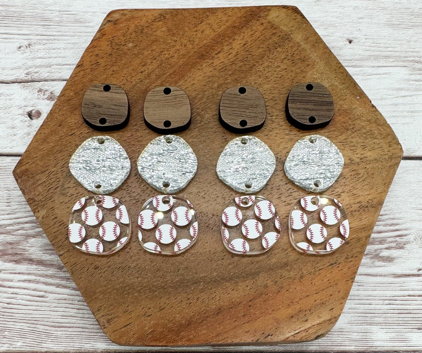 Patterned Baseball Silver Shimmer Acrylic and Wood Trio Set, DIY Jewelry Making
