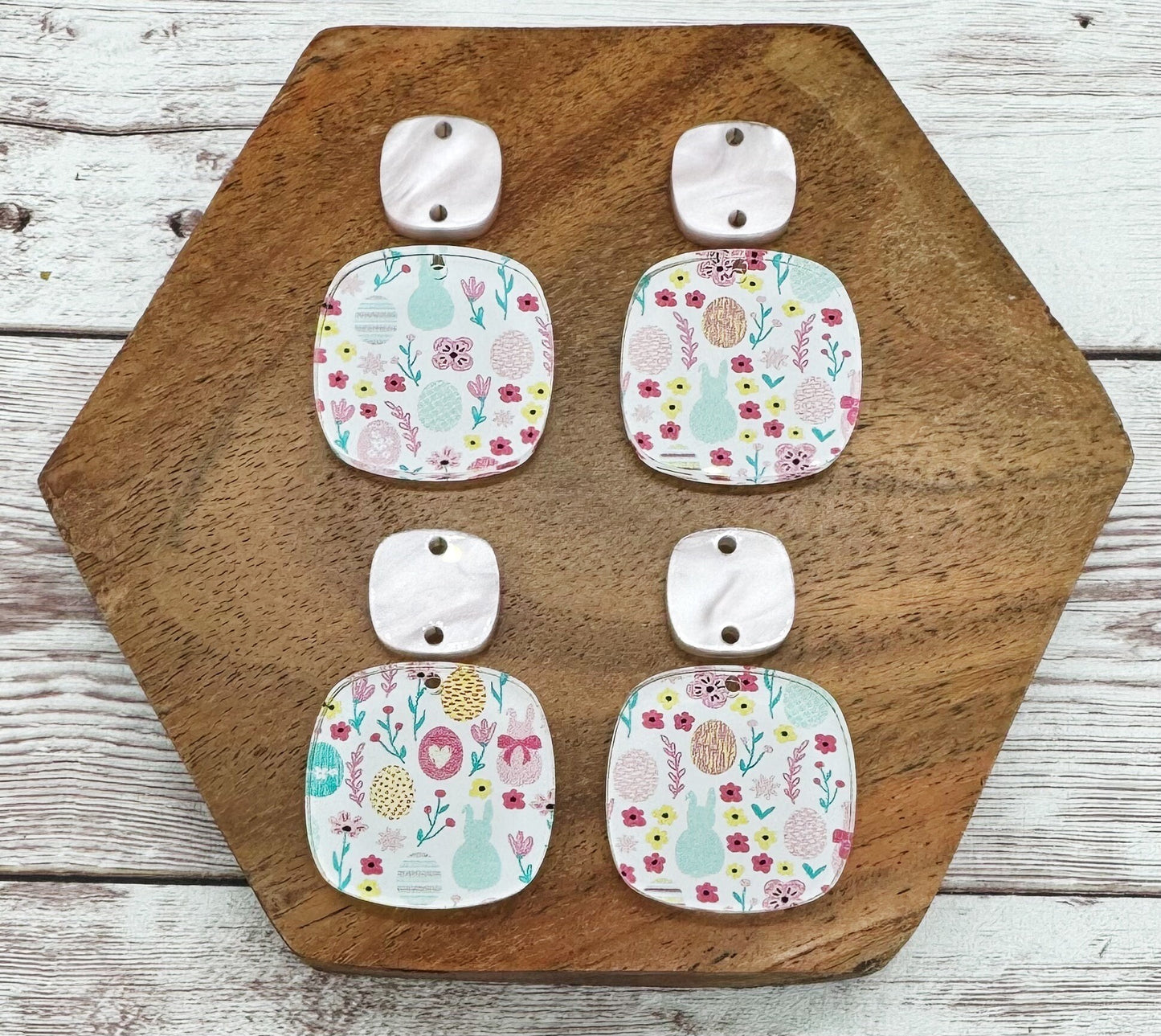 Easter Print Rounded Square Acrylic Connector Set Earring Blanks, DIY Jewelry Making