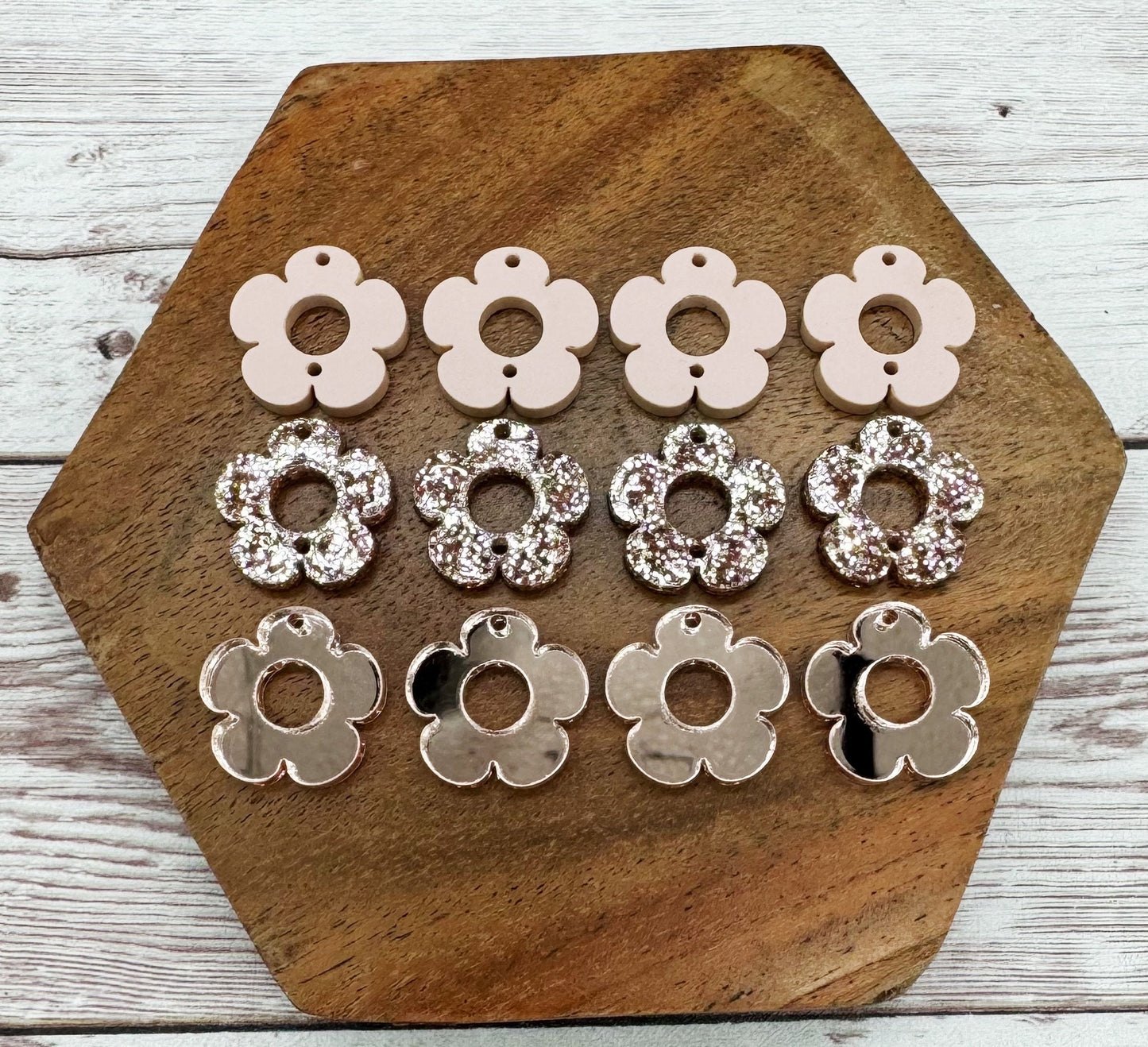 Mirrored Rose Gold, Glitter Rose Gold, and Blush Flower Trio Acrylic Earring Blanks, DIY Jewelry Making