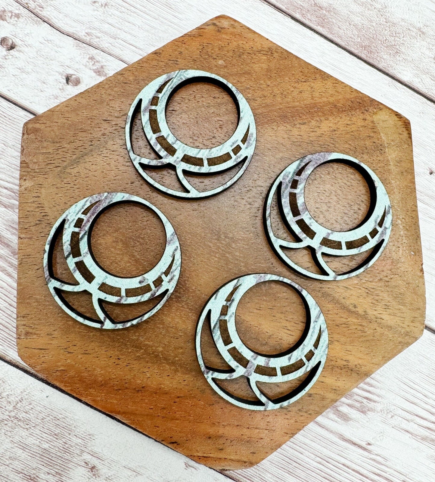 Patterned Weathered Blue Wood Engraved Hoop Earring Blanks, DIY Jewelry Making