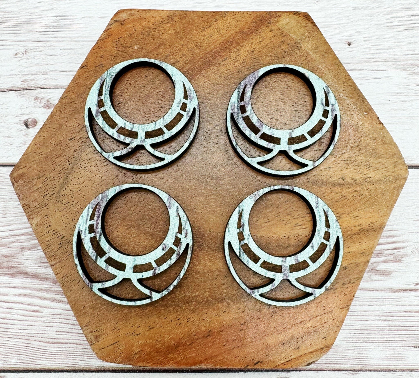 Patterned Weathered Blue Wood Engraved Hoop Earring Blanks, DIY Jewelry Making