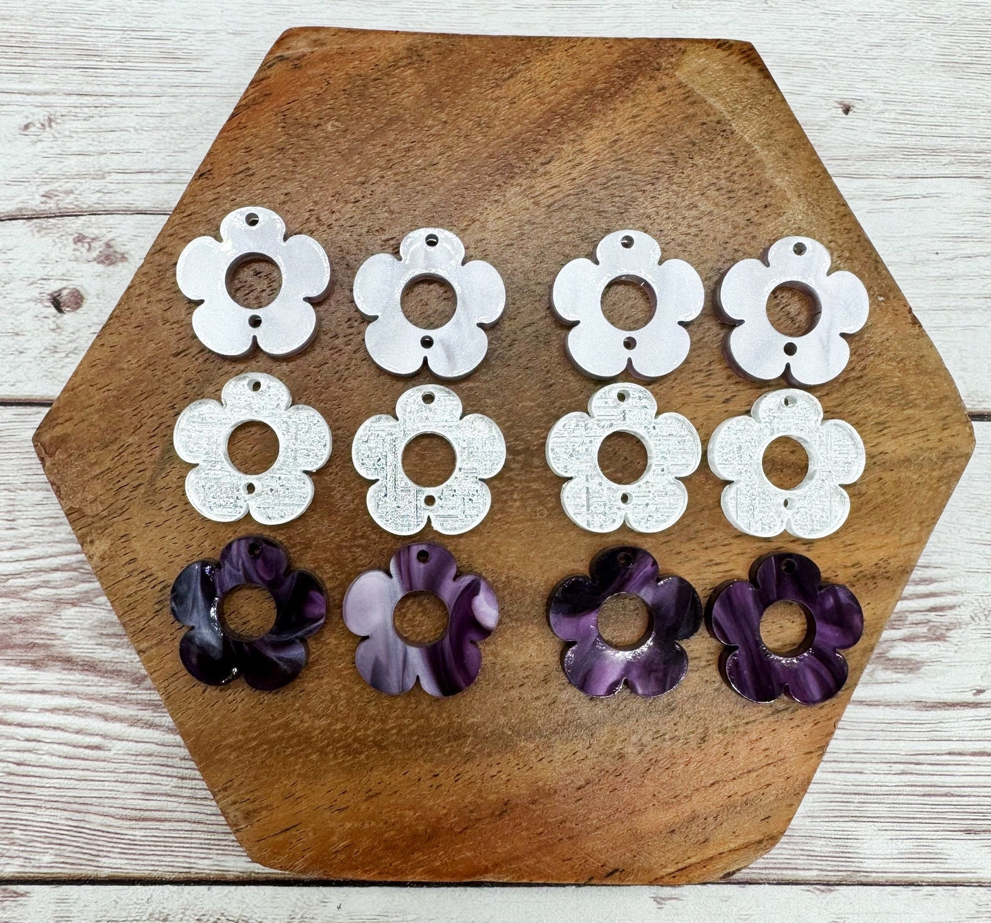 Dark Purple Pearl, Silver Linen Mirrored, and Lilac Pearl Flower Trio Acrylic Earring Blanks, DIY Jewelry Making