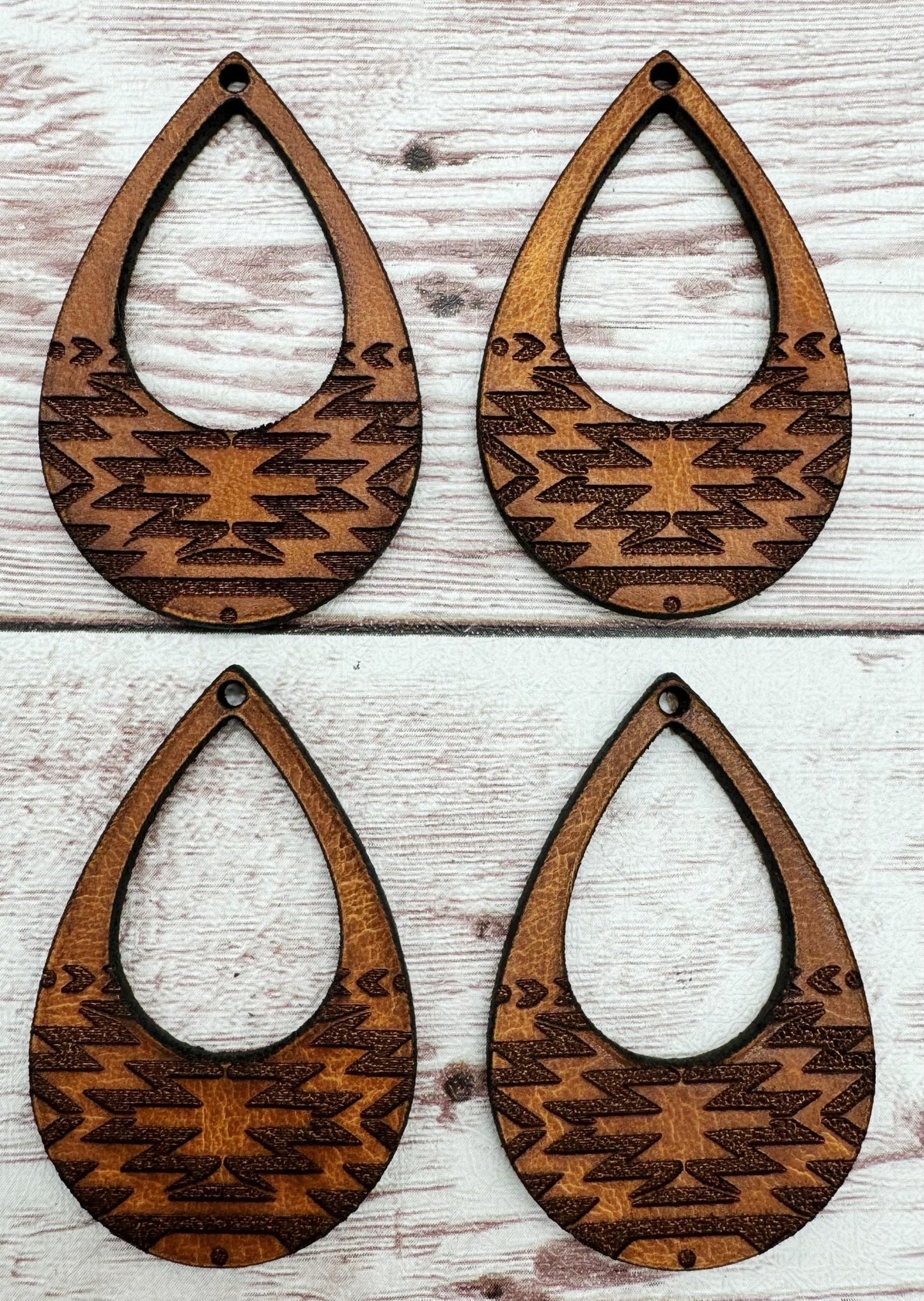 Engraved Vegetable Tanned Leather Aztec Southwest Tribal Open Teardrop Earring Blanks, DIY Jewelry Making