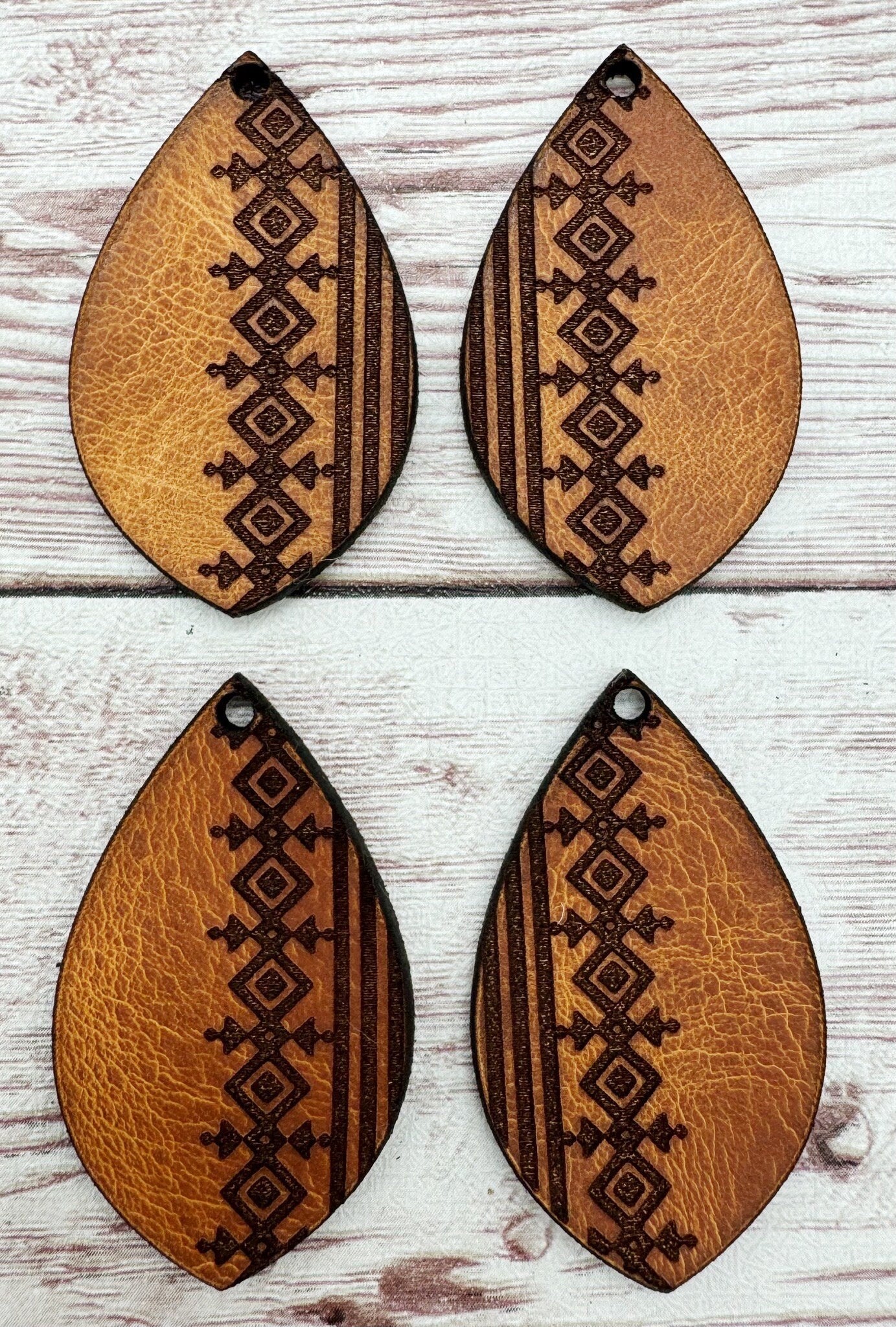 Engraved Vegetable Tanned Leather Aztec Southwest Tribal Teardrop Earring Blanks, DIY Jewelry Making
