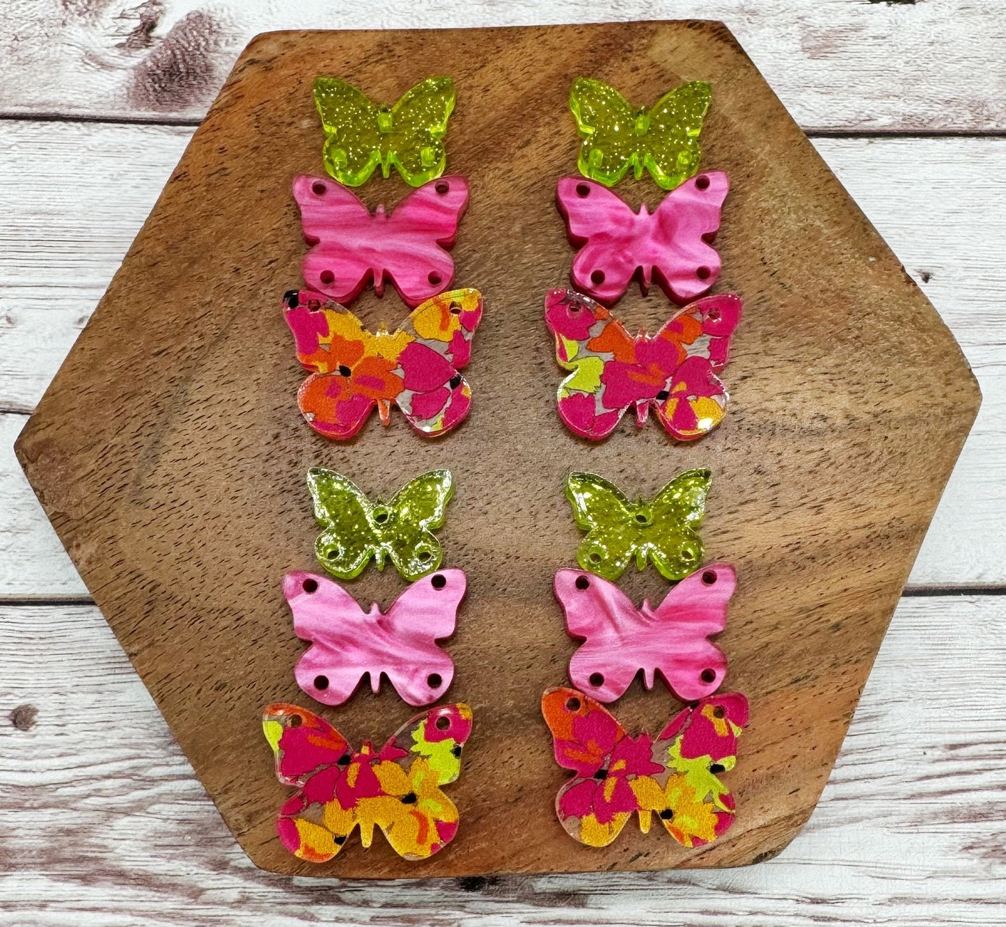 Bright Floral Print, Hot Pink Pearl, Lime Green Glitter Butterfly Trio Acrylic Earring Blanks, DIY Jewelry Making