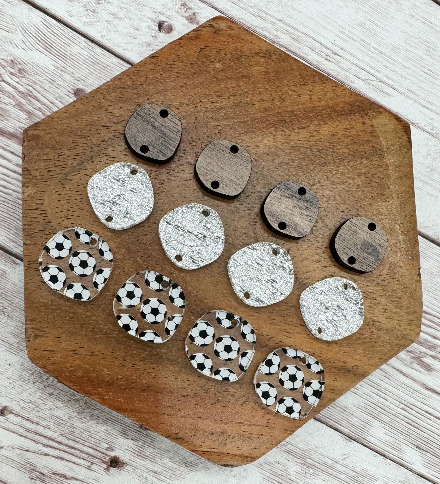 Patterned Soccer Silver Shimmer Acrylic and Wood Trio Set, DIY Jewelry Making