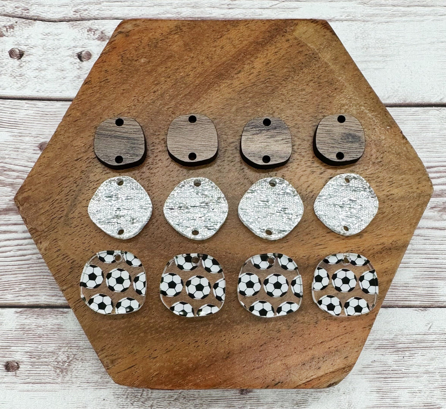 Patterned Soccer Silver Shimmer Acrylic and Wood Trio Set, DIY Jewelry Making