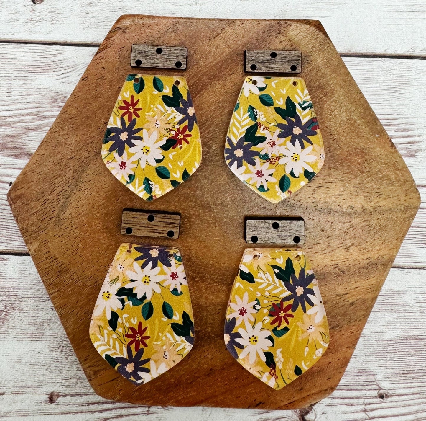 Floral Mustard Print Acrylic and Wood Set Earring Blanks, DIY Jewelry Making