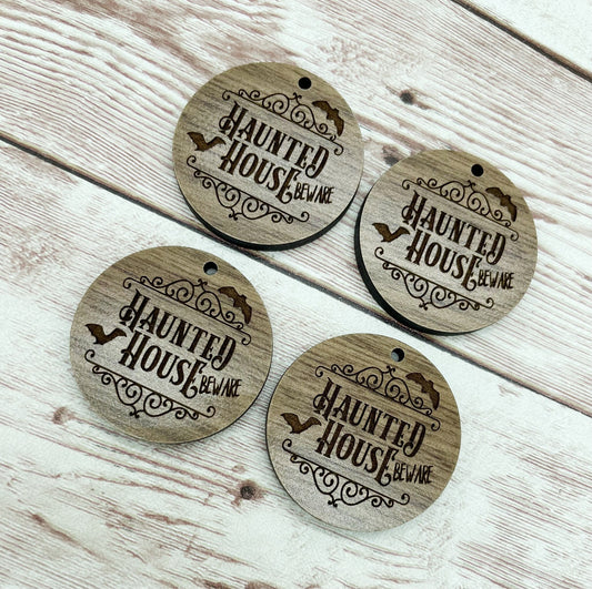 Wood Circle Engraved Halloween Haunted House Earring Blanks, Finished Walnut Blank, DIY Jewelry Making