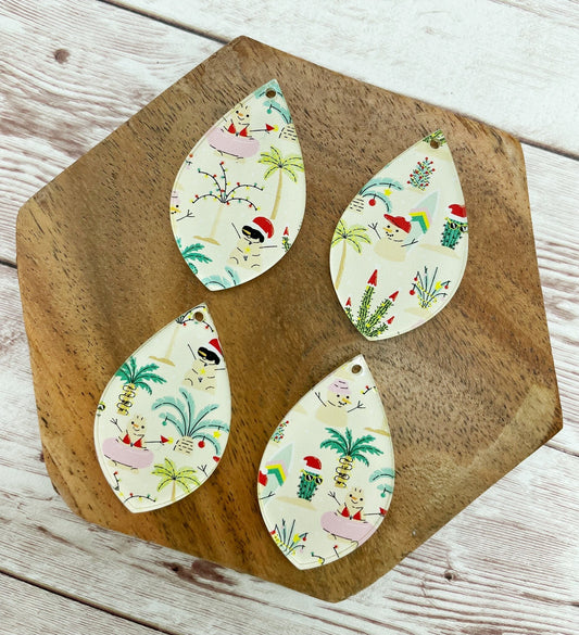 Patterned Tropical Christmas Snowman Print Acrylic Teardrop Earring Blanks, DIY Jewelry Making