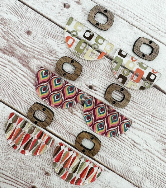 Set of 3 Pair Geometric Print Acrylic and Wood Boho Connector Set, Earring Blanks, DIY Jewelry Making