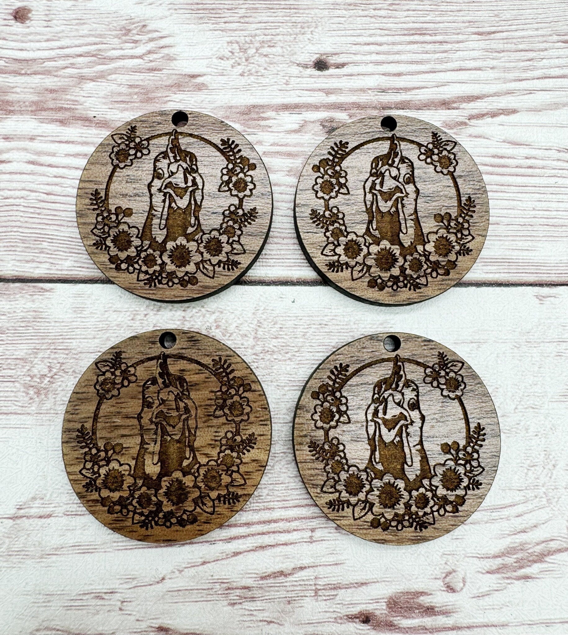 Wood Circle Engraved Floral Chicken Earring Blanks, Finished Walnut Blank, DIY Jewelry Making