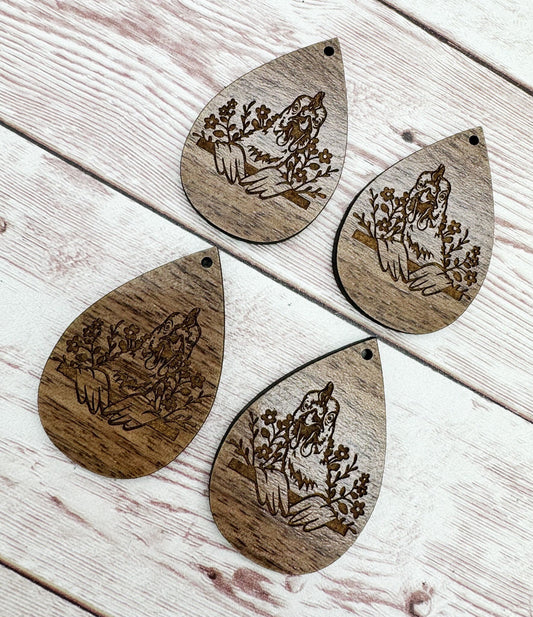 Wood Engraved Chicken and Flowers Earring Blanks, Finished Walnut Blank, DIY Jewelry Making