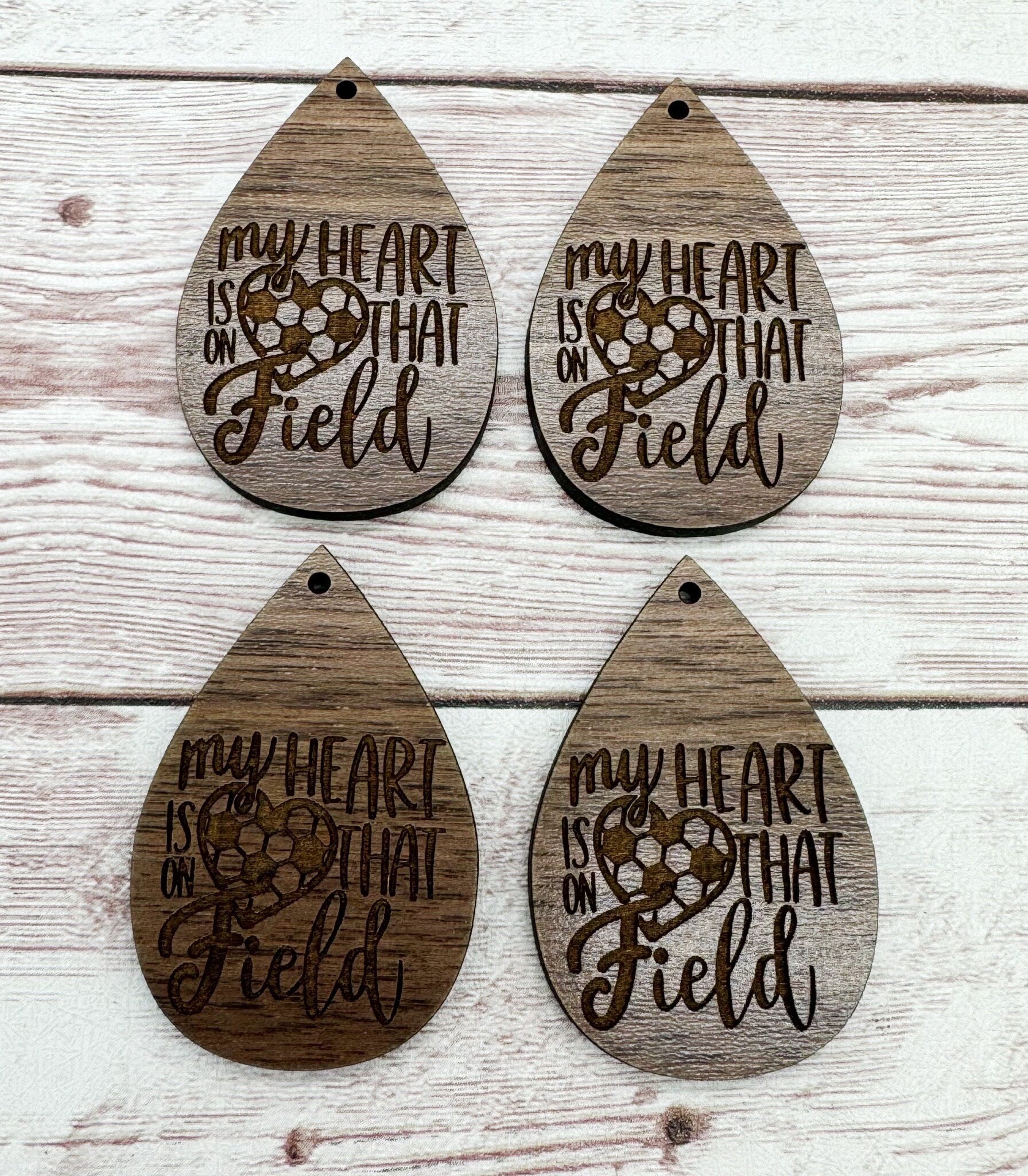 Wood Engraved My Heart is on that Field Soccer Earring Blanks, Finished Walnut Blank, DIY Jewelry Making