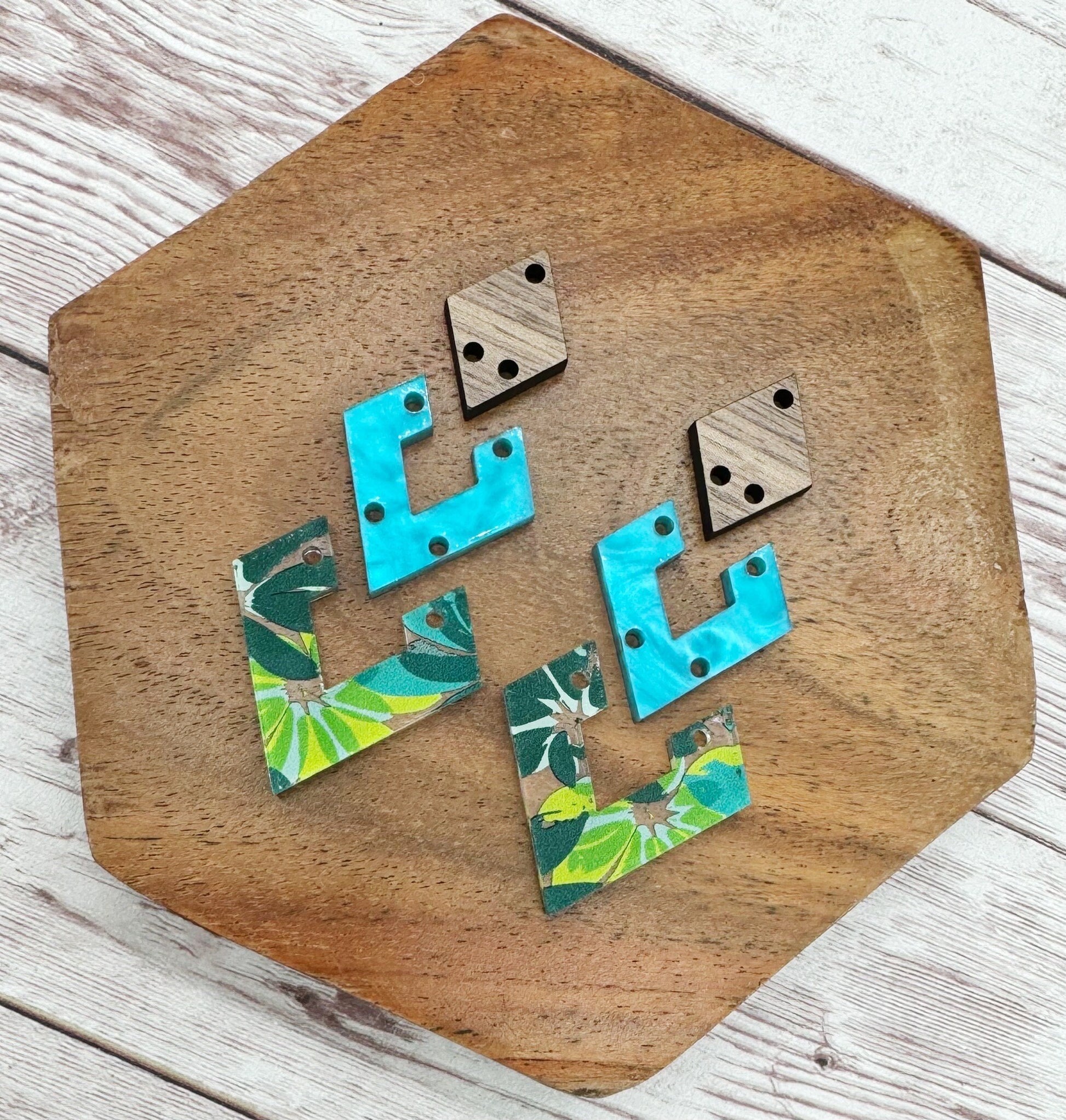 Blue Green Teal Floral Print Acrylic and Finished Walnut Diamond Trio Acrylic Earring Blanks, DIY Jewelry Making