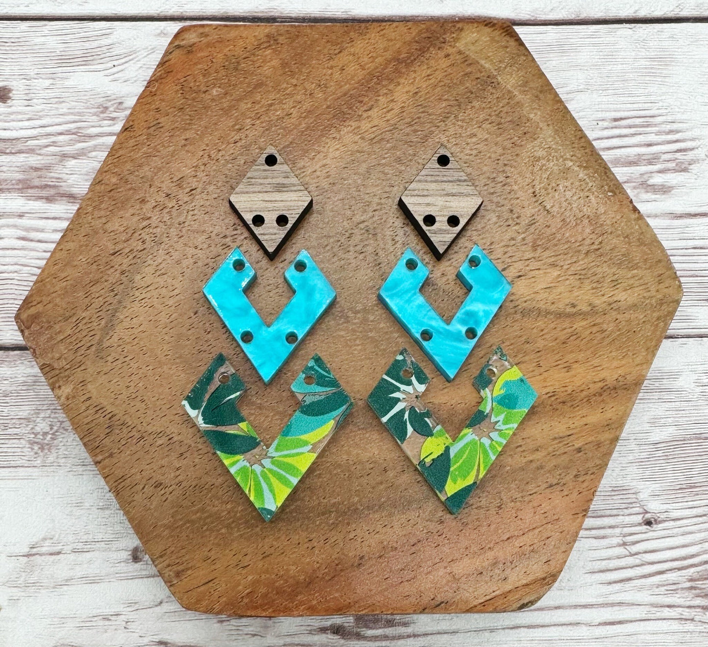 Blue Green Teal Floral Print Acrylic and Finished Walnut Diamond Trio Acrylic Earring Blanks, DIY Jewelry Making