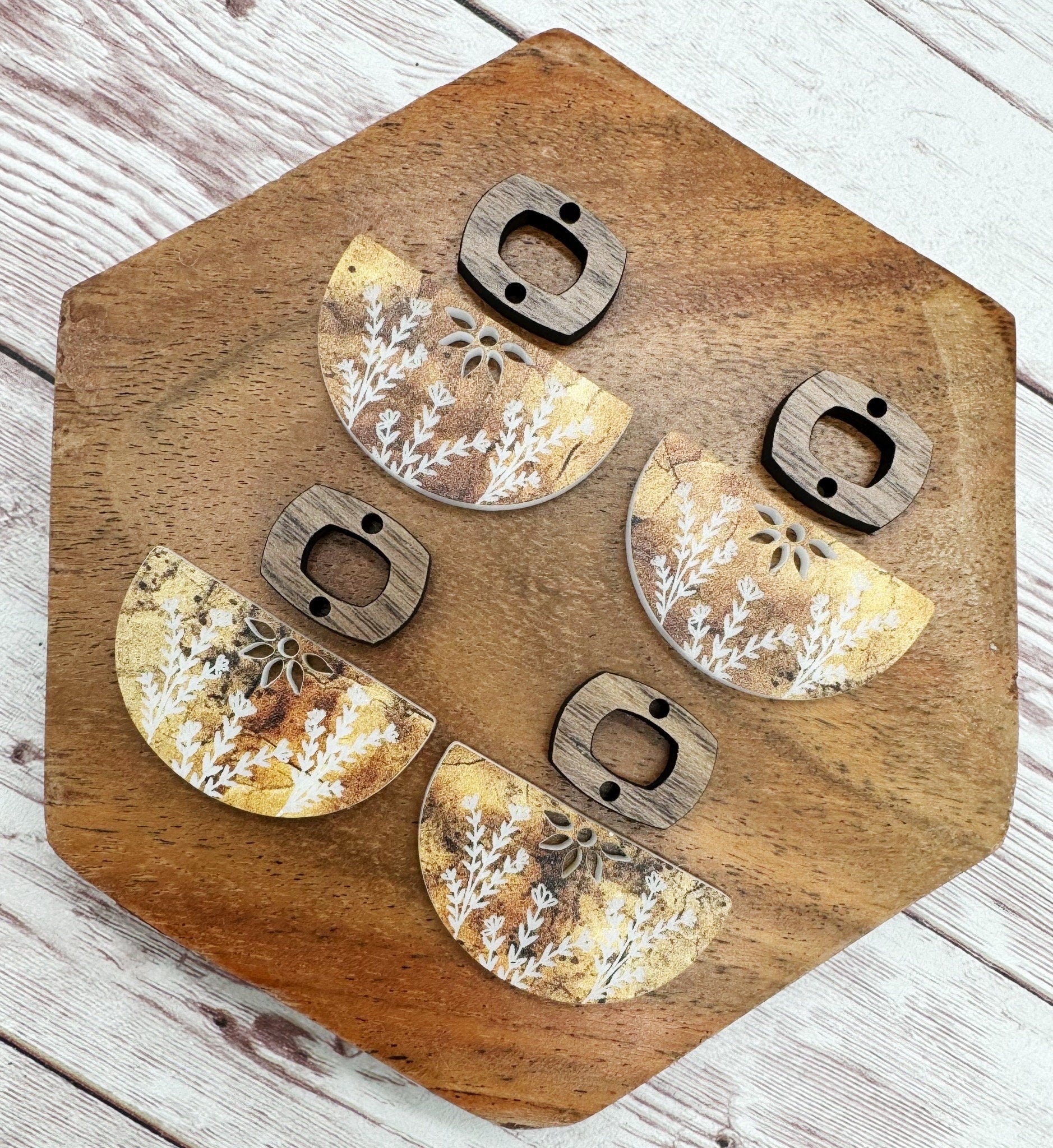 Engraved Rustic Floral Acrylic and Wood Boho Connector Set Earring Blanks, DIY Jewelry Making