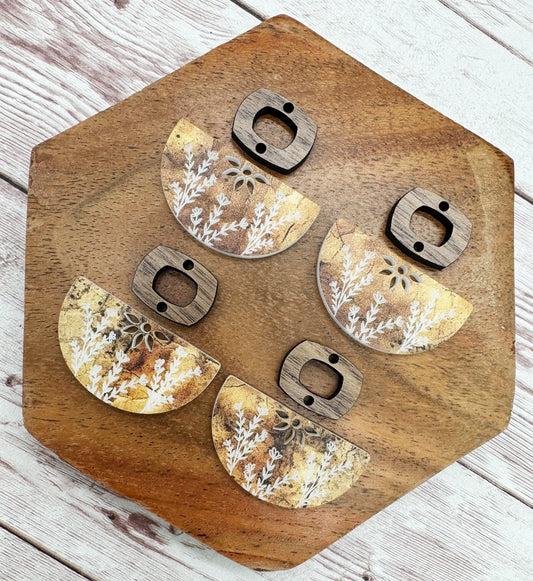 Engraved Rustic Floral Acrylic and Wood Boho Connector Set Earring Blanks, DIY Jewelry Making