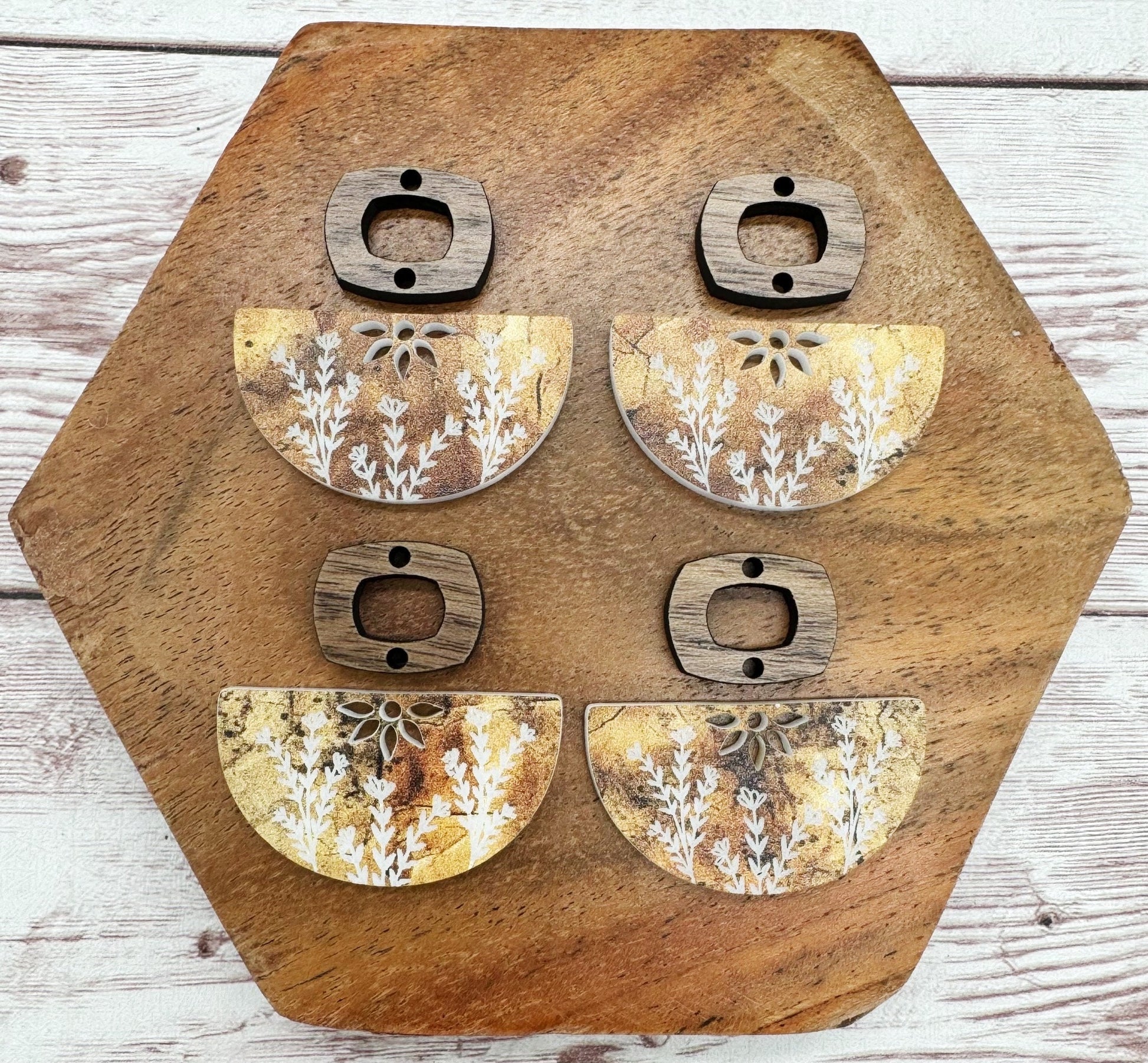 Engraved Rustic Floral Acrylic and Wood Boho Connector Set Earring Blanks, DIY Jewelry Making