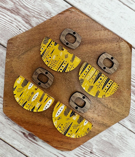 Mustard Print Acrylic and Wood Boho Connector Set Earring Blanks, DIY Jewelry Making