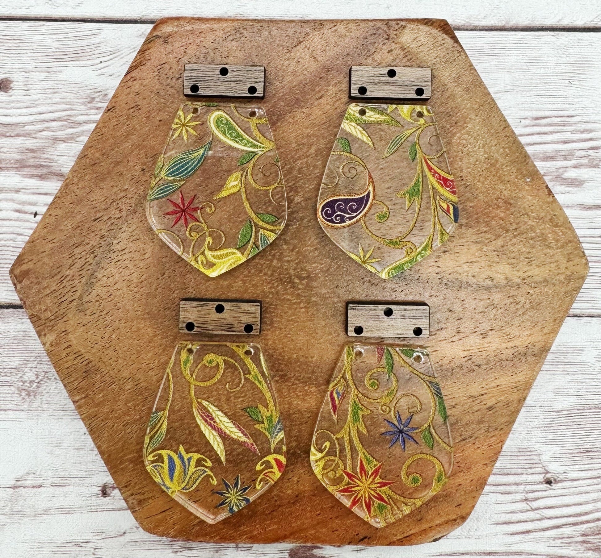 Floral Gold Vine Print Acrylic and Wood Set Earring Blanks, DIY Jewelry Making