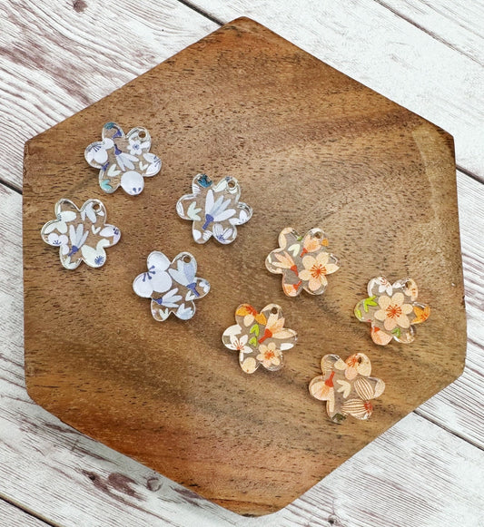 Set of 4 Pair Purple and Orange Floral Print Mini Flower Dangle Earring Blanks, DIY Jewelry Making