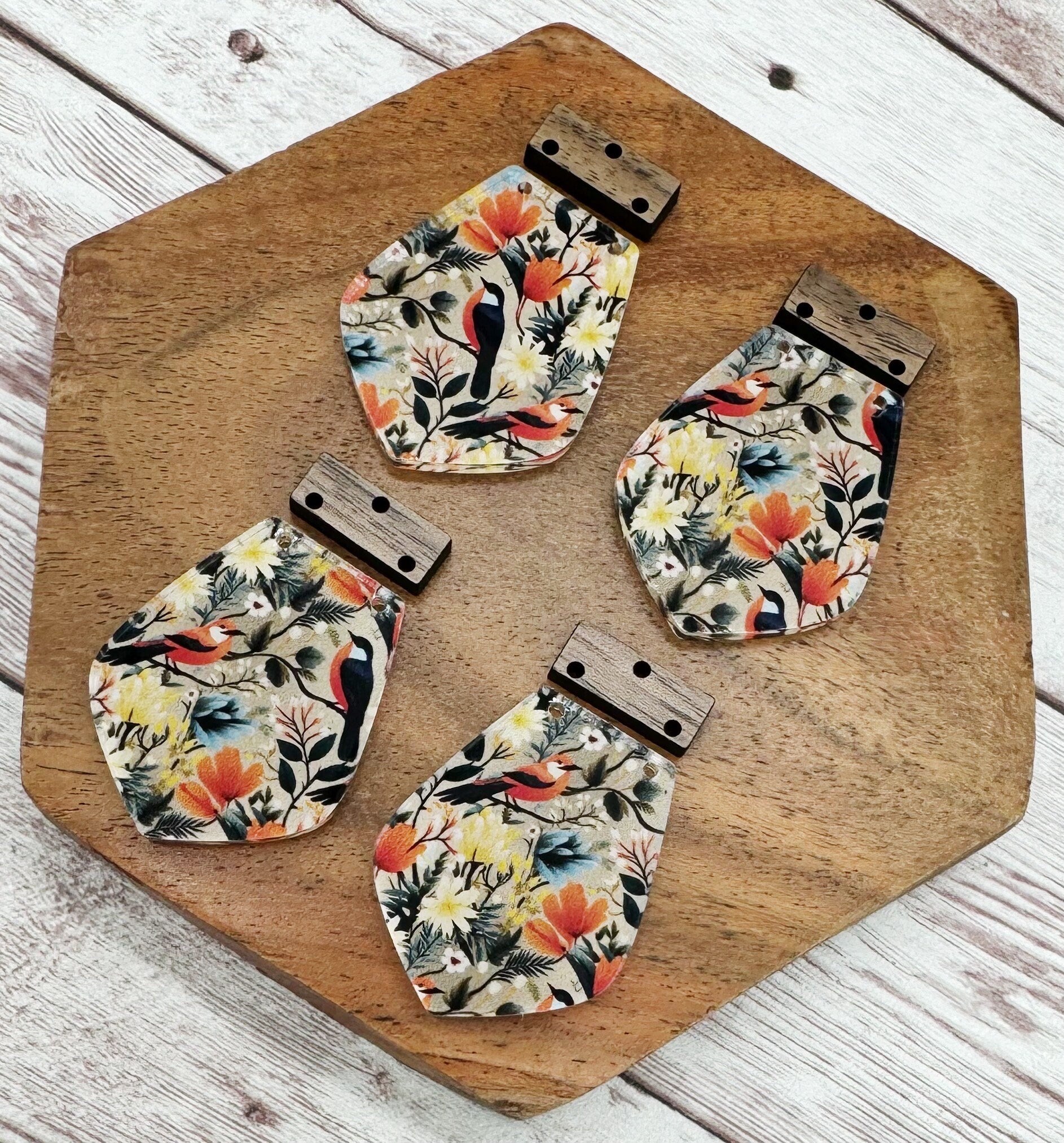 Floral Bird Print Print Acrylic and Wood Set Earring Blanks, DIY Jewelry Making