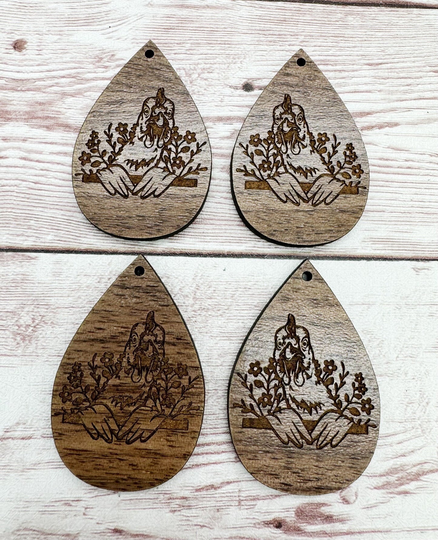 Wood Engraved Chicken and Flowers Earring Blanks, Finished Walnut Blank, DIY Jewelry Making