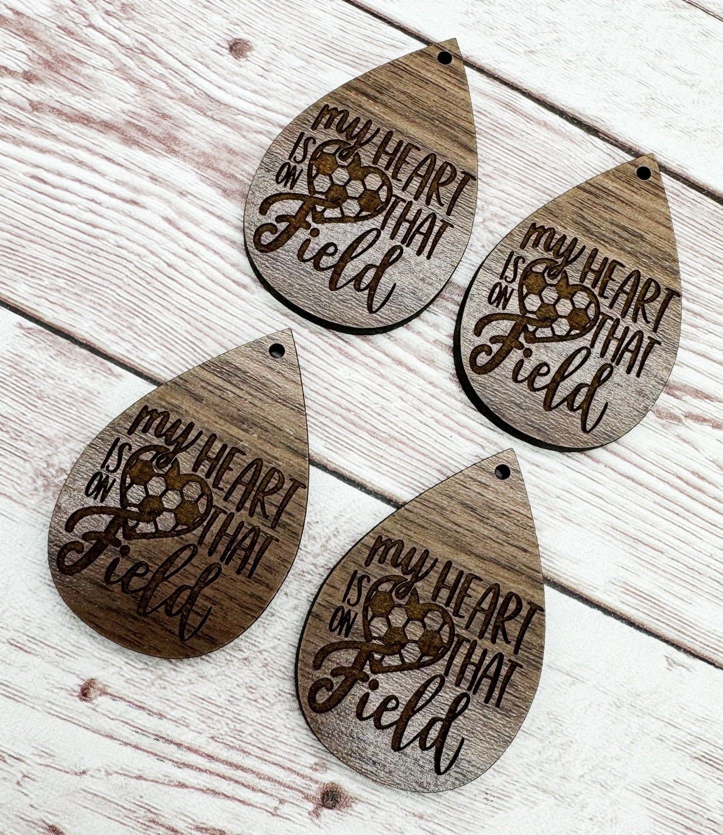 Wood Engraved My Heart is on that Field Soccer Earring Blanks, Finished Walnut Blank, DIY Jewelry Making