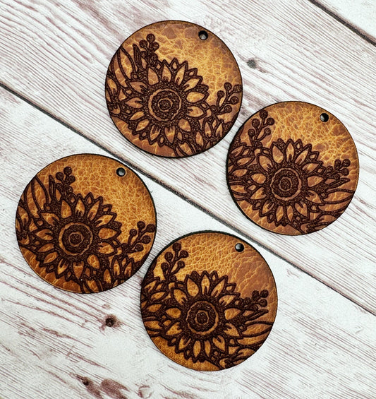 Engraved Vegetable Tanned Leather Sunflower Round Earring Blanks, DIY Jewelry Making