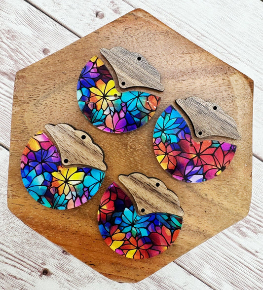 Floral Stained Glass Print Acrylic and Intricate Wood Connector Set Earring Blanks, DIY Jewelry Making