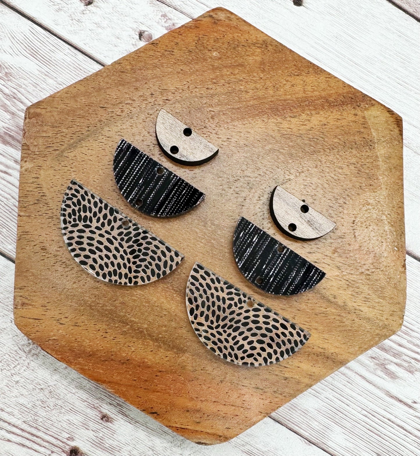Black Print Acrylic and Wood Semicircle Trio Set Earring Blanks, DIY Jewelry Making
