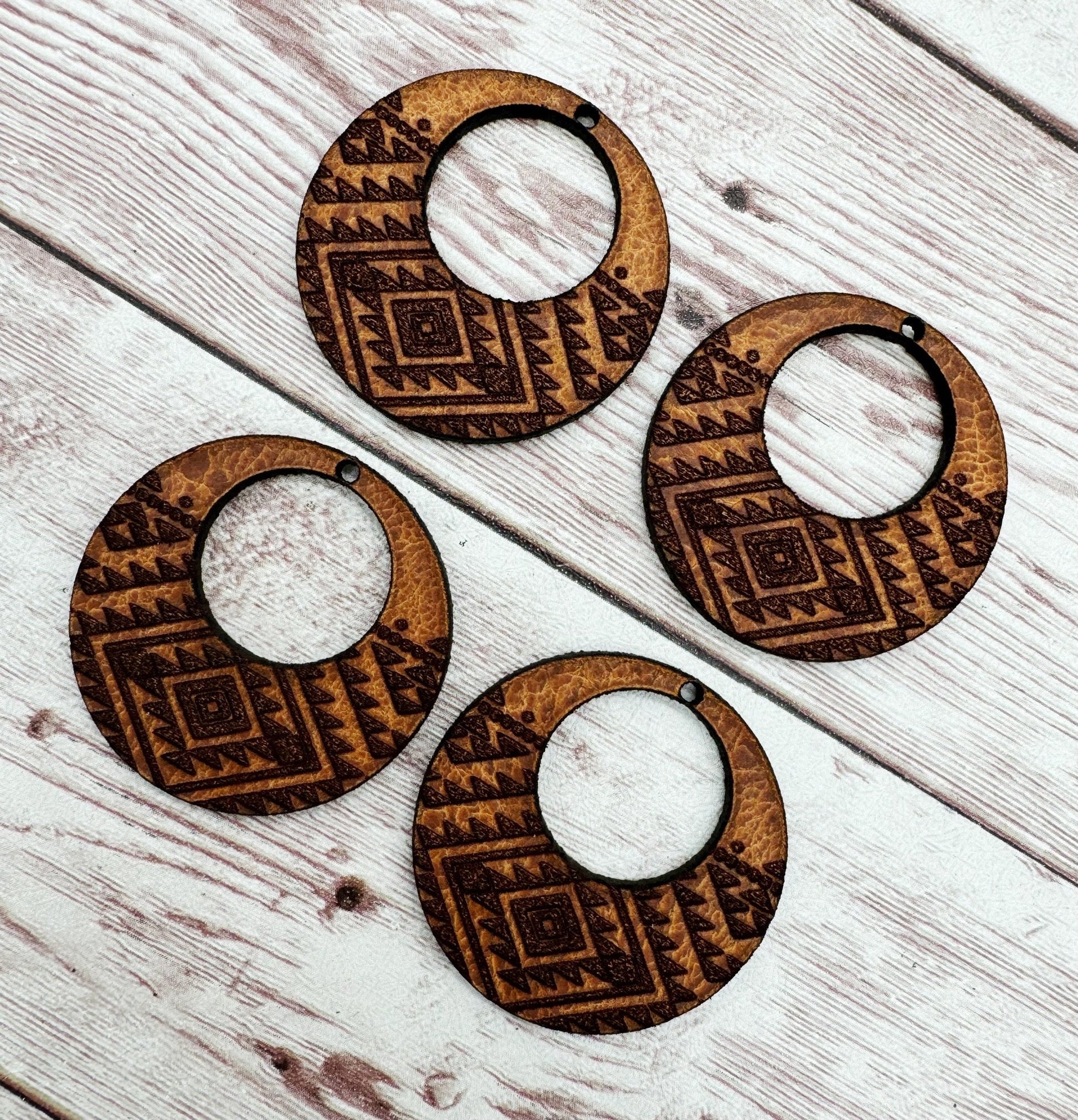 Engraved Vegetable Tanned Leather Aztec Southwest Print Open Circle Earring Blanks, DIY Jewelry Making