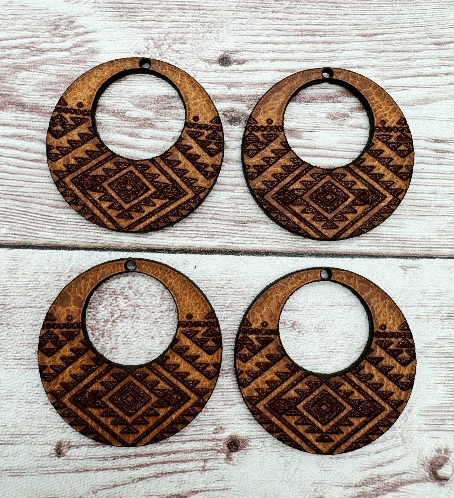 Engraved Vegetable Tanned Leather Aztec Southwest Print Open Circle Earring Blanks, DIY Jewelry Making