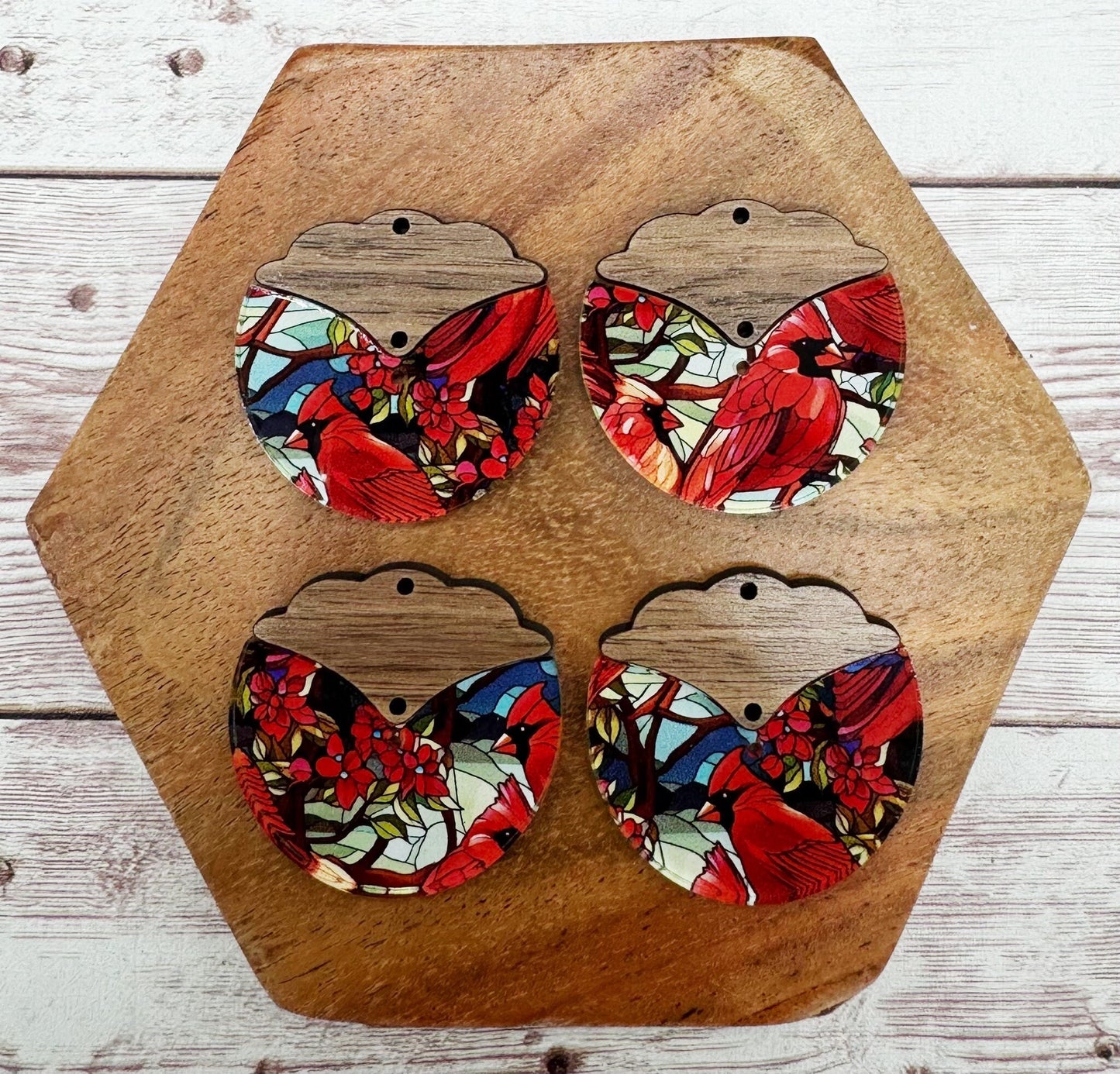 Cardinal Stained Glass Print Acrylic and Intricate Wood Connector Set Earring Blanks, DIY Jewelry Making