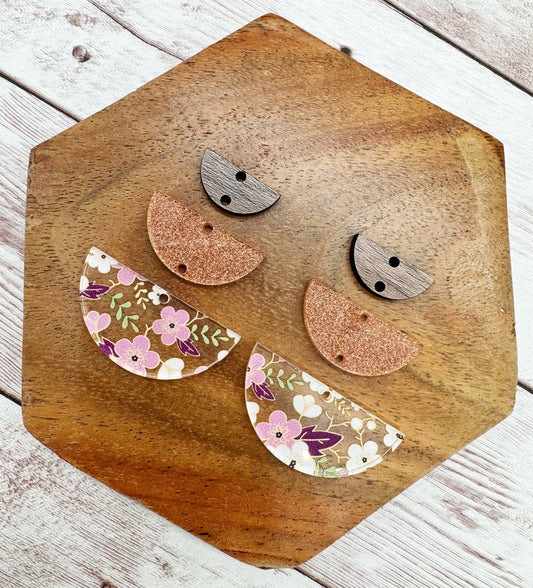 Cherry Blossom Print Acrylic, Pink Glitter, and Wood Semicircle Trio Set Earring Blanks, DIY Jewelry Making