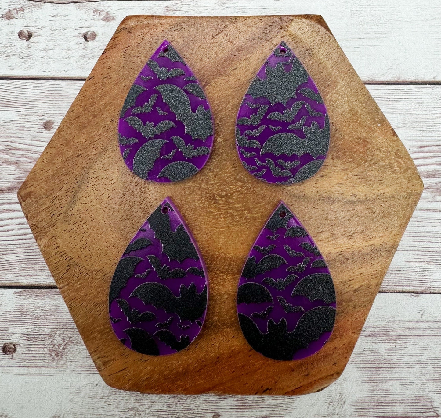 Halloween Neon Purple Bat Print Acrylic Teardrop Earring Blanks, DIY Jewelry Making