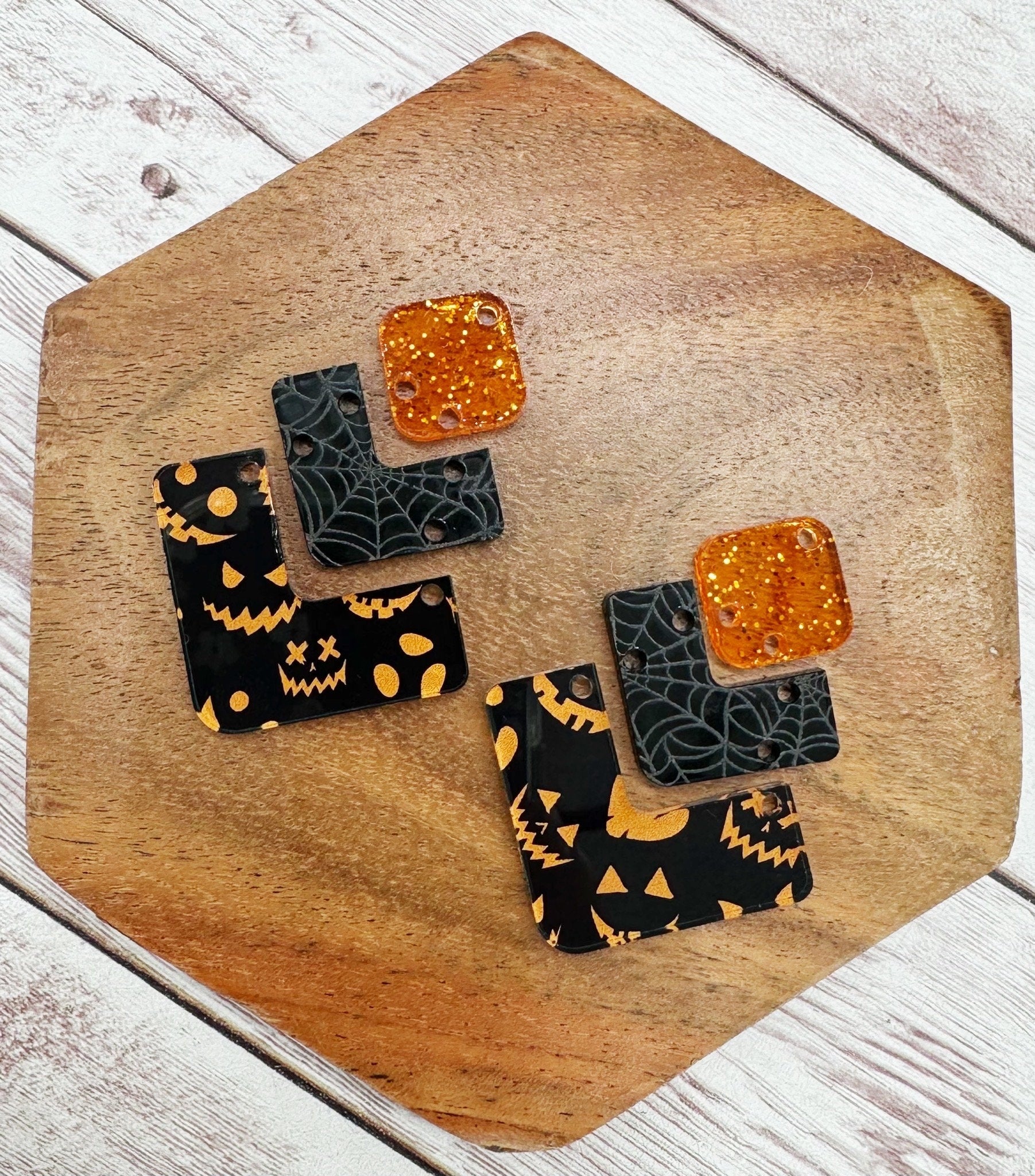 Halloween Pumpkin Faces Print Angled Trio Acrylic Earring Blanks, DIY Jewelry Making